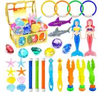 GW Box Set di 36 piscine per immersioni, tra cui anelli e bastoni da immersione, alghe, siluro, forziere del tesoro dei pirati, gemme, sirena, con custodia, kit estivo per l'affondamento dell'acqua