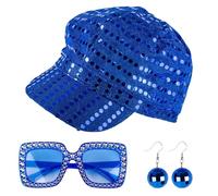 GWAWG 3 cappelli da discoteca blu con paillettes con occhiali da sole da discoteca vintage, orecchini con paillettes stile abba, cappelli da Abba blu glitterati, kit di accessori per costume per donne