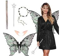 GWAWG 4 ali da fata per adulti, accessori per costume da angelo e farfalla, ali trasparenti scintillanti con fascia per fiori, bacchetta e orecchie, per donne e ragazze, feste di Halloween, carnevale