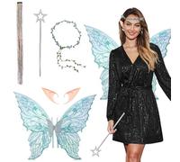 GWAWG 4 ali da fata per adulti, accessori per costume da angelo e farfalla, ali trasparenti scintillanti con fascia per fiori, bacchetta e orecchie, per donne e ragazze, feste di Halloween, carnevale
