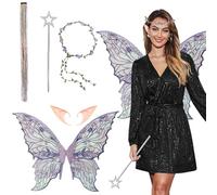 GWAWG 4 ali da fata per adulti, accessori per costume da angelo e farfalla, ali trasparenti scintillanti con fascia per fiori, bacchetta e orecchie, per donne e ragazze, feste di Halloween, carnevale
