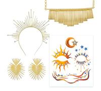 GWAWG 4 pezzi Dea del sole Tiara e corona Sunburst Fascia per la testa, decorazione del viso, collana dea del sole e orecchino per Cosplay Festival di nozze della vigilia di Capodanno