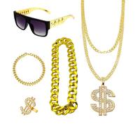 GWAWG 5 pezzi costumehip hop, anni '80/90, accessori per travestimento per donne, uomini e bambini, braccialetto a catena in oro finto, collana con simbolo del dollaro