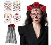 GWAWG Cerchietto per Halloween con velo nero e rose gotiche + 5 adesivi per il viso - accessorio per il giorno dei morti, costume messicano spaventoso chic