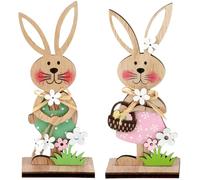 GWAWG Confezione da 2 statuette in legno di Easter Bunny, Stand Up Rabbits with Flowers, Easter Decoration for Table Home Office Garde