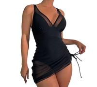 GWAWG Costume da bagno in tulle con scollo a V,costume da bagno increspato sui lati,Costume da bagno a maniche corte, Sheer sarong wrap swimsuit,costume da bagno un pezzo per donna, Nero , Taglia