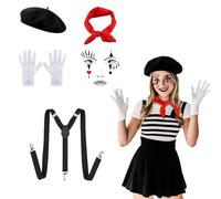 GWAWG Costume da clown da donna e uomo, in stile Pierrot con berretto nero, papillon rosso, guanti bianchi, adesivi e bretelle, per carnevale, Halloween, Carnevale, Carnevale