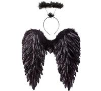 GWAWG Costume da demone, ali d'angelo nere e aureola, con piume allargate e fascia per capelli per Halloween, carnevale, feste in maschera, abbigliamento per adulti e bambini