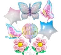 GWAWG Decorazioni di compleanno a forma di farfalla, set di 8 decorazioni di compleanno per ragazze con palloncino fata, palloncini in lamina a farfalla, palloncini a fiori e stelle, per giardino e