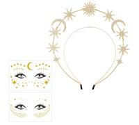 GWAWG Diadema Halo Corona con Luna e Stelle, Fascia per Capelli a Doppio Strato con Strass, Tocco da Dea con 2 Tatuaggi Temporanei per Ragazze e Donne, Ideale per Feste e Occasioni Speciali