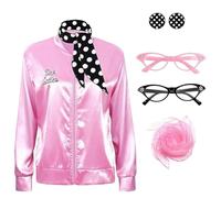 GWAWG Giacca da donna rosa Grease Fancy Dress, giacche da donna con accessori anni 50, giacca da donna in raso rosa anni 50 per donne Halloween Natale Carnevale, festa anni 80 (da donna, L)