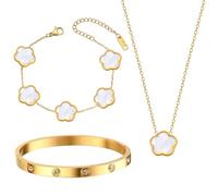 GWAWG Gioielli a Forma di Quadrifoglio per Donna, Set Collana e Bracciale in Acciaio Inossidabile Placcato Oro 18K, Braccialetto con Zirconi Cubici, Regalo per la Festa della Mamma, San Valentino