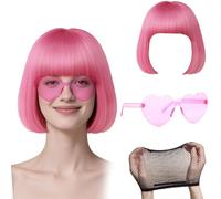 GWAWG Parrucca Bob Rosa Pesca e Set di Occhiali da Sole Partyrama, Neon Short Bob Wig Occhiali da Sole Pack Costume Colorato Cosplay Parrucca Taglio Quadrato Classico