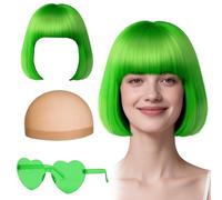 GWAWG Parrucca Bob Rosa Pesca e Set di Occhiali da Sole Partyrama, Neon Short Bob Wig Occhiali da Sole Pack Costume Colorato Cosplay Parrucca Taglio Quadrato Classico (Verde)
