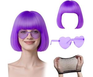 GWAWG Parrucca Bob Rosa Pesca e Set di Occhiali da Sole Partyrama, Neon Short Bob Wig Occhiali da Sole Pack Costume Colorato Cosplay Parrucca Taglio Quadrato Classico, viola., Taglia unica
