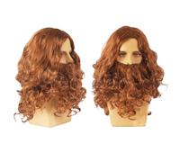 GWAWG Parrucca lunga e barba per adulti, parrucca riccia marrone scuro, parrucca e barba lunga, abito fantasia accessorio per feste e baffi Cosplay Costume personaggio di Halloween