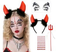 GWAWG Set da 4 pezzi per costume da diavolo da donna, cerchietto con corno da diavolo, gemme per il viso, tatuaggio cicatrice e bacchetta, accessori per costume di Halloween, cosplay, carnevale