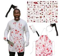 GWAWG Set da macellaio di Halloween, accessori per capelli horror, grembiule insanguinato, accessori per cicatrici di Halloween con tatuaggi zombie, costume da uomo adulto per feste di Halloween