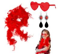 GWAWG Set di 3 boa di piume colorate da 2 m, con occhiali a forma di cuore e orecchini rossi, eleganti accessori per carnevale, feste, matrimoni, decorazioni natalizie, Rosso