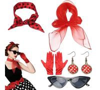 GWAWG Set di 5 accessori per costume Rockabilly anni 50 da donna, sciarpa retrò in chiffon, fascia a pois per la testa e occhiali a gatto per feste a tema e carnevali