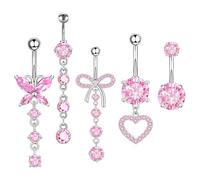GWAWG Set di 5 piercing per ombelico in argento rosa, acciaio chirurgico con farfalla e cuore, idea regalo, Taglia unica, Acciaio inossidabile, Zirconia