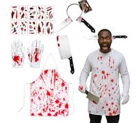 GWAWG Set di costumi da macellaio per Halloween da uomo e donna, set 5 in 1 con grembiule insanguinato con testa di coltello finto, tatuaggi, guanti, spaventoso, cuoco, serial killer, accessori per