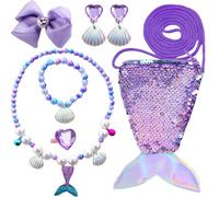 GWAWG Set di Gioielli per Bambini 7Pcs con Borsa a Tracolla a Forma di Coda con Borsa a Tracolla a Forma di Coda, Collare, Bracciale, Orecchini a Clip, Anello e Fermaglio per Capelli, Set di Gioielli