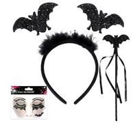 GWAWG Sparkly Bat Headband, with Magic Wand & Face Tattoos, Adjustable Halloween Costume Accessories Kit for Kids, Adults, Women