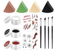 GWAWG Trucco Halloween, Truccabimbi Halloween 3 Colori Nero Rosso Bianco, con Spugne per Trucco, Pennelli e Adesivi Tatuaggio, Kit Trucco Horror per Zombie, Vampiro, Costume da Joker