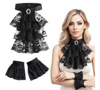 GWAWG Victorian Lace Jabot with 2 Cuffs Set, Gothic Steampunk Vampiro, accessorio per feste a tema di Halloween (Black)