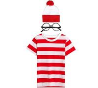 GWAWG Wheres Wally Costume per bambini - Maglietta unisex a righe rosse bianche + cappello + bicchieri, World Book Day Costume per ragazzi (120/130/143 cm)