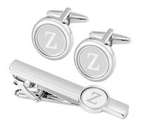 GWD Set di gemelli e fermacravatta con iniziale, in acciaio inox, personalizzabili, per camicia da smoking, lettere dell'alfabeto A-Z, regalo per padre e marito, 18mm, acciaio inox, Nessuna pietra