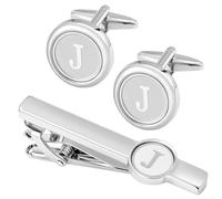 GWD Set di gemelli e fermacravatta con iniziale, in acciaio inox, personalizzabili, per camicia da smoking, lettere dell'alfabeto A-Z, regalo per padre e marito, 18mm, acciaio inox, Nessuna pietra