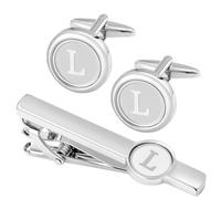 GWD Set di gemelli e fermacravatta con iniziale, in acciaio inox, personalizzabili, per camicia da smoking, lettere dell'alfabeto A-Z, regalo per padre e marito, 18mm, acciaio inox, Nessuna pietra