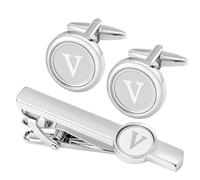 GWD Set di gemelli e fermacravatta con iniziale, in acciaio inox, personalizzabili, per camicia da smoking, lettere dell'alfabeto A-Z, regalo per padre e marito, 18mm, Acciaio inossidabile, Nessuna
