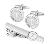 GWD Set di gemelli e fermacravatta in argento per uomo in acciaio inossidabile personalizzati, con scritta in lingua inglese "Smoke", con lettera dell'alfabeto dalla A alla Z, regalo per padre marito, 18mm, Acciaio inossidabile, Senza pietra