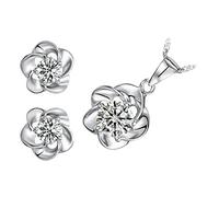 GWG Jewellery Parure Placcata Oro Bianco 18K Collana con Pendente e Orecchini Fiore 5 Petali e Scintillante Cristallo Tondo Centrale AAA Bianco Diamante in Confezione Regalo per Donne