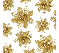 GWHOLE 21 Pezzi Fiori per Albero di Natale Artificiale Glitter Fiore Poinsettia Artificiale di Natale Ornamenti per Albero di Natale Fiore Artificiale Oro, 9/11/16CM