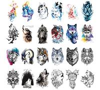 Gwolf 24 fogli Lupo tatuaggio temporaneo, personalità adesivi tatuaggio lupo Nuova protezione ambientale Adesivi tatuaggio braccio fiore impermeabile Realistico 3D carta modello animale tatuaggio