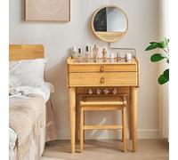 GWWGWW Tavolo da Trucco Rustico in bambù con Specchio Rotante, 2 cassetti, Piano in Vetro temperato e Sgabello, Elegante Set da toeletta per Camera da Letto o Bagno