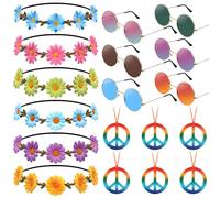 GXFCING 18 Pz Hippie Costume Set Retrò, Occhiali da Sole Rotondi, Cerchietto con Margherita, Collana con Segno di Pace, Stile Vintage Anni 70 Anni 80 Hippie Accessori