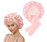 GXGM 1 Pezzi Cuffia Seta Capelli Notte, Bonnet Seta di Gelso per Dormire, Ricci con Cinturino Largo Regolabile per Il Fissaggio, per Protezione dei Capelli Lunghi(Rosa)