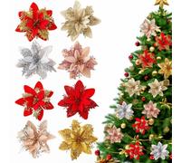 GXGM 24 fiori di Natale glitterati 15 cm, Fiocchi Rossi Fiori Per Albero di Natale,Stella di Natale decorazioni Natalizie per albero di Natale