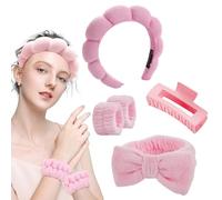 GXGM 5 Pezzi Fascia Capelli Skincare Spa Fascia per Capelli da Donna per il Lavaggio del Viso Set di Polsini Spugna Morbida Terry Panno Trucco Skincare Fascia Antiscivolo per Donna Ragazze(Rosa)