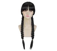 GXGM Parrucca Mercoledì Donna, Parrucca Lunga con Treccia Doppia Nera e Frangetta, Fibra Sintetica Naturale, Regolabile, Cosplay Halloween Carnevale Party