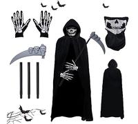 Gxlaihly Costume da Grim Reaper,Costume da Mietitore per Adulto,con Cappuccio Maschera da scheletro, guanti da scheletro,Falce da Tristo Mietitore,per Halloween,Mascherata,Carnevale,Cosplay (Adulto-A)