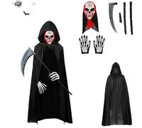 Gxlaihly Costume da Grim Reaper,Costume da Mietitore per Bambini,con Cappuccio Maschera da scheletro, guanti da scheletro,Falce da Tristo Mietitore,per Halloween,Carnevale,Cosplay (Bambino-C)