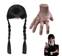 Gxlaihly Parrucca mercoledì con frangia, Modello realistico della mano, Parrucca mercoledì per Bambina, mercoledì Addams parrucca,Mano spaventosa, per feste cosplay carnevale Halloween