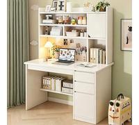 GXQFC Postazione di Lavoro con Gabbia e Libreria In Legno, Tavolo per Computer Compatto con Cassetti, Bianco Tavolo da Studio 120x45x165cm