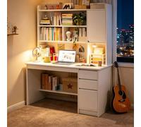 GXQFC Scrivania per Computer in Legno, Moderna Scrivania con Cassetti, Massello Bianco Postazione con Ripiano Portaoggetti e Libreria 120x45x165cm